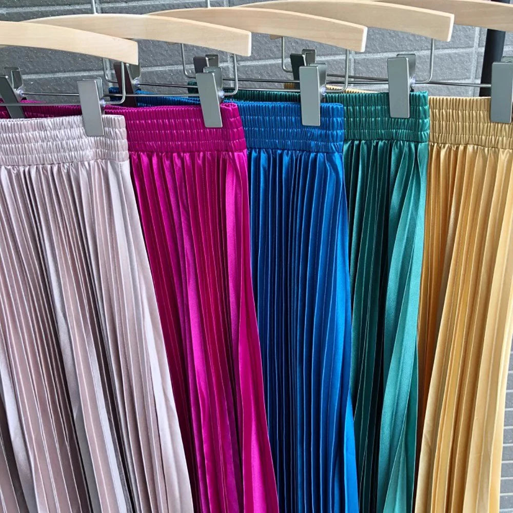 98cm Basics Maxi Pleated Skirt for Women New Korean Casual All-match Solid A Line High Waist Long Maxi Skirt Female