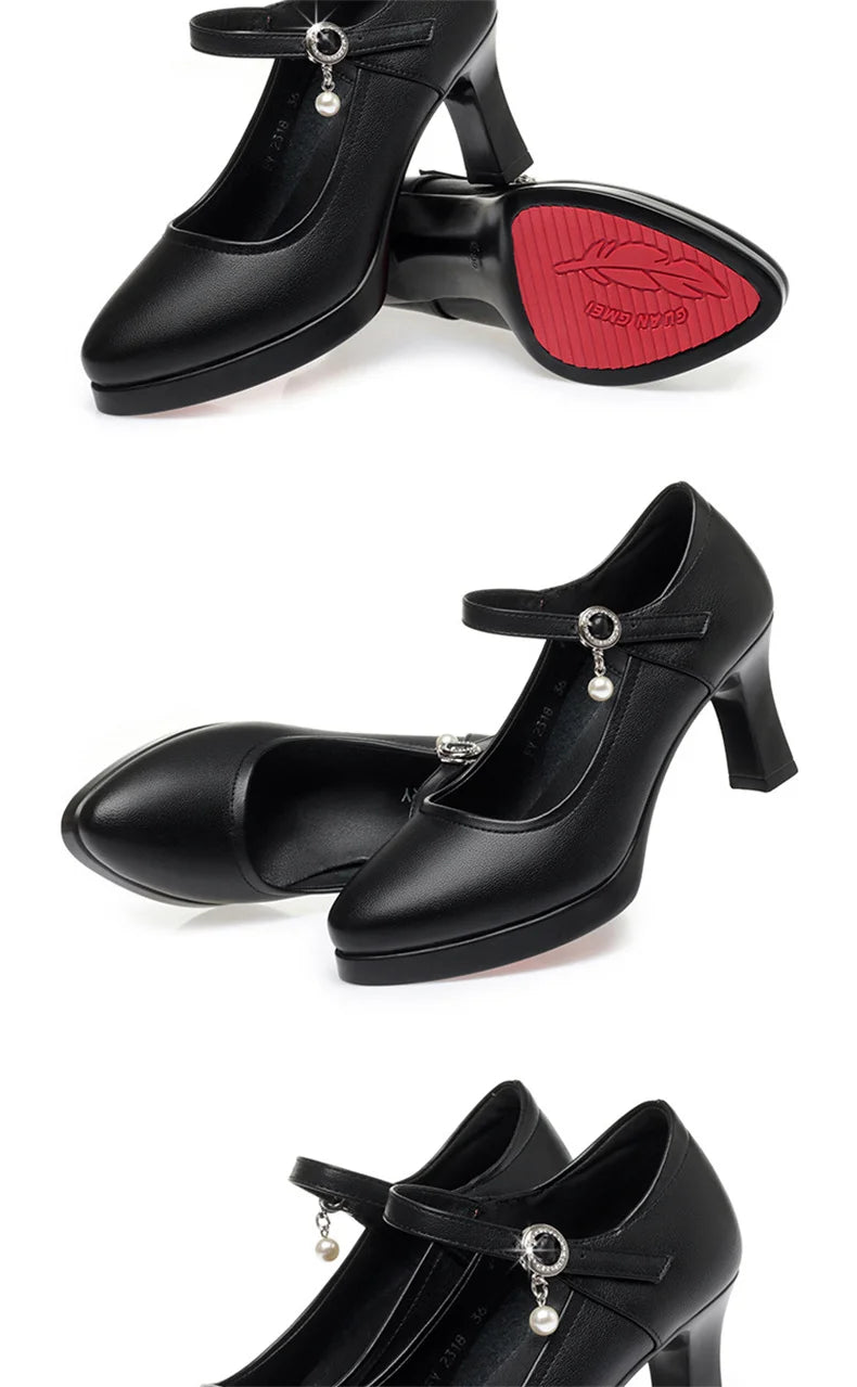 High Heels Comfort Platform Pumps 2024 Spring New Fashion Buckle Solid Black Shoes Woman Soft Leather Waterproof Single Shoes