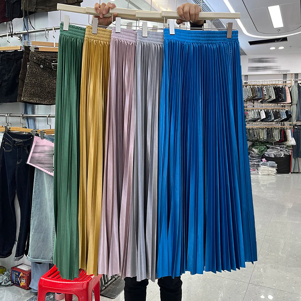 98cm Basics Maxi Pleated Skirt for Women New Korean Casual All-match Solid A Line High Waist Long Maxi Skirt Female