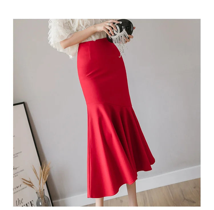 Seoulish Ruffles Solid Color Women's Skirts 2024 New Spring Summer Elegant High Waist Office Ladies Style Pencil Midi Skirts