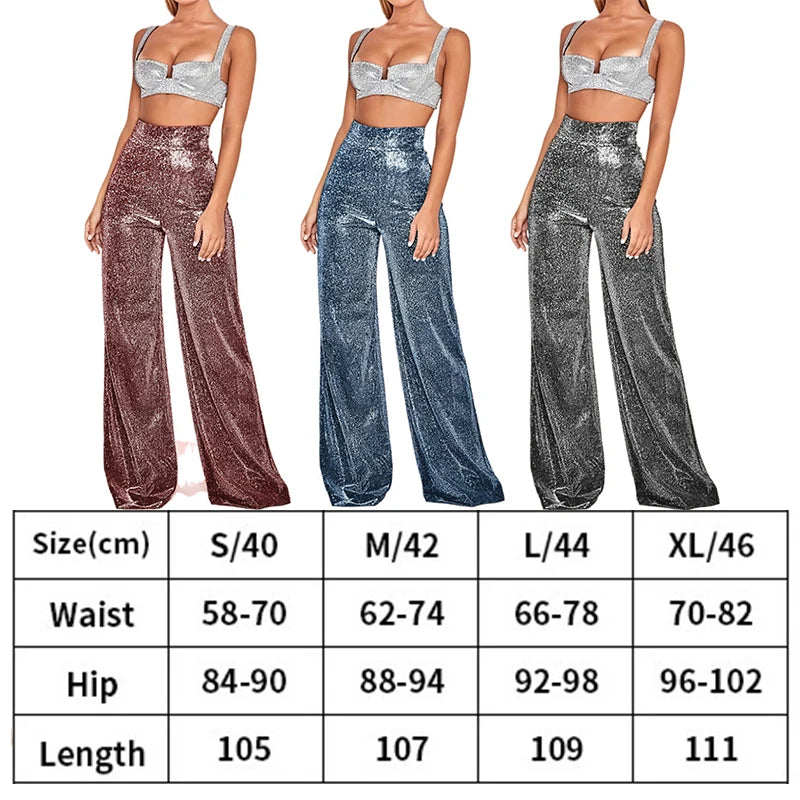 Metallic Sparkly Wide Leg Pants Women Elastic High Waist Glitter Sequin Palazzo Pants Casual Loose Party Clubwear Long Trousers