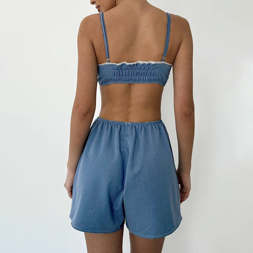 Hiloc 2025 Summer Crop Top Sleepwear With High Waist Shorts 2 Piece Sets Casual Spaghetti Strap Tops Pajamas Home Shorts Suits