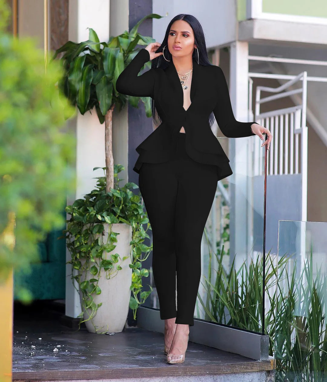 2025 Women's Formal Set 2PCS Tracksuit Full Sleeve Ruffles Blazers Pencil Pants Suit Two Piece Set Office Lady Outfits Uniform
