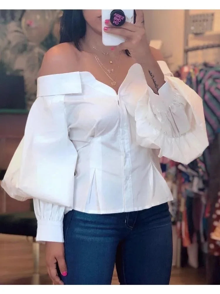 Elegant White Shirts for Women Lantern Sleeve Off Shoulder Top Lady Blosues Long Sleeve Ruched Design Feamel Clothes Spring 2025