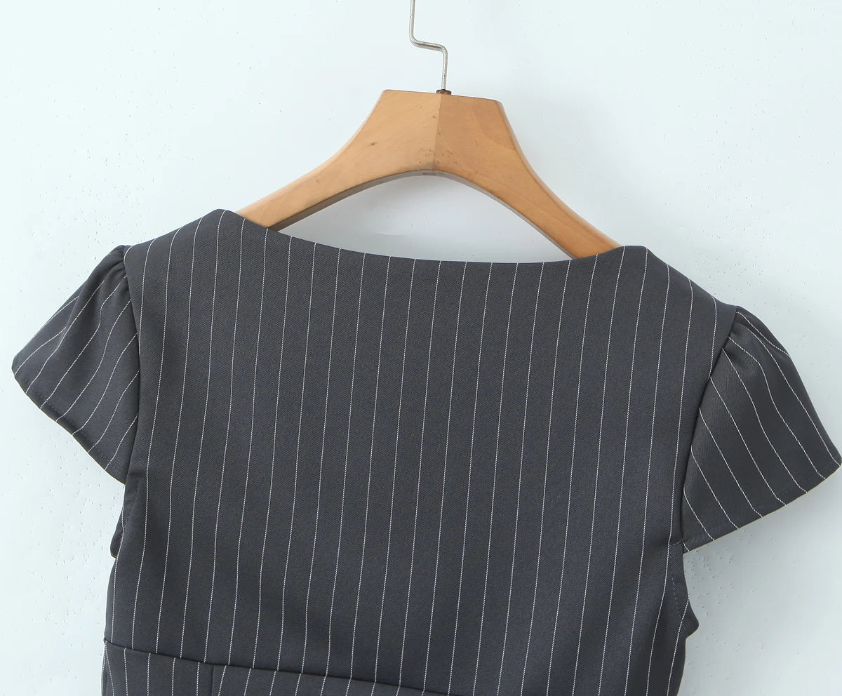 2025 Sexy Striped Square Collar Short Puff Sleeve Shirt Women Front Ruched Chest Double Zip up Front Slim Waist Crop Tops