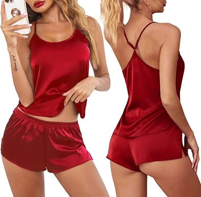 Summer New Ice Silk Spaghetti Strap Sexy Women Pajamas Pure Color Thin Section Fashion Sleepwear