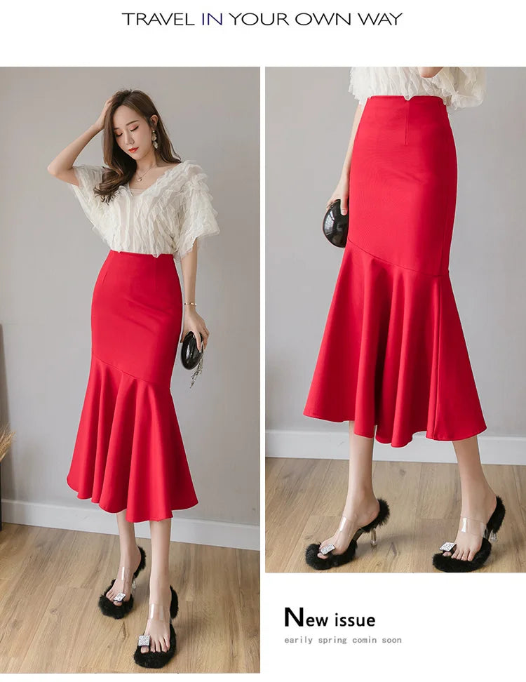 Seoulish Ruffles Solid Color Women's Skirts 2024 New Spring Summer Elegant High Waist Office Ladies Style Pencil Midi Skirts