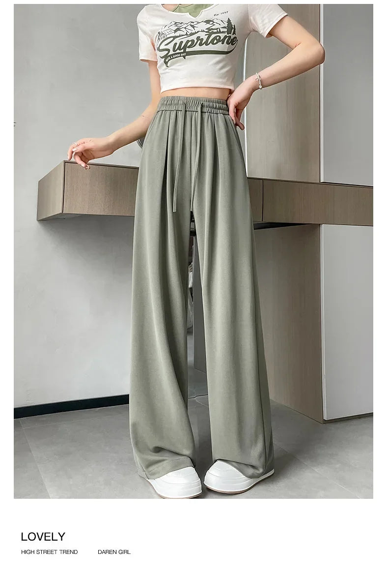 2024 New Summer Women's Casual Pants High Waist Solid Minimalism Loose Floor Length Wide Leg Trousers Female