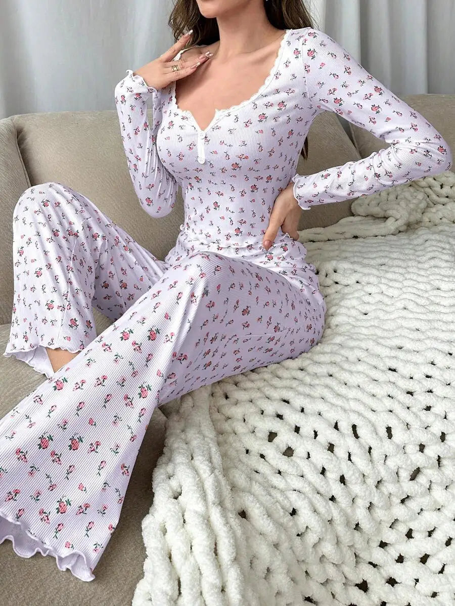 New Women Soft Comfortable sexy Floral Print Pajama Set Long Sleeve Top and Pants Loungewear Sleepwear Two Piece Set Homewear