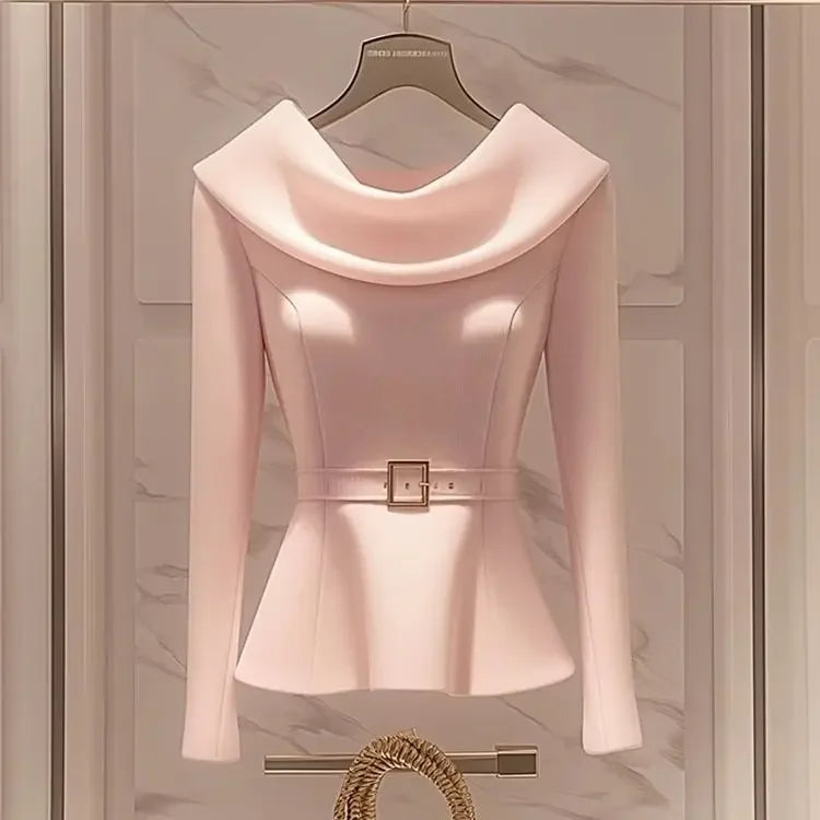 Luxury Socialite Style Pink Long Sleeve Shirt for Women Clothing Autumn Korean Chic Gentle Waist Slimming Pullovers Women Tops