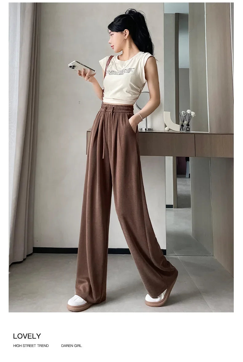 2024 New Summer Women's Casual Pants High Waist Solid Minimalism Loose Floor Length Wide Leg Trousers Female
