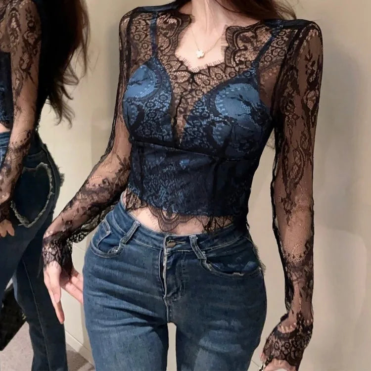 Vintage Simple V-neck Lace Hollow Out Blusas Mujer 2025 Summer New Slim Fit Shirts Women Y2k Grunge Mesh Long Sleeve Bluses