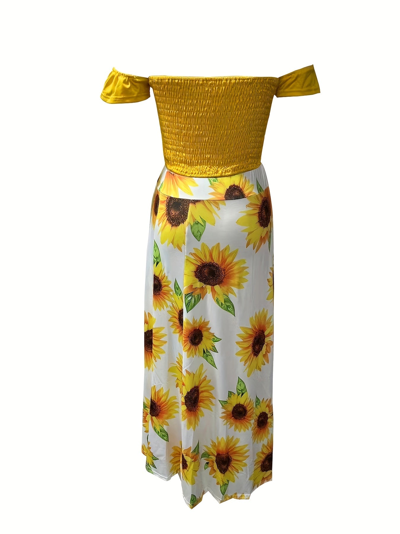 Chic Womens Two-Piece Outfit Set - Off-Shoulder Ruched Top & Sunflower-Print Split Skirt - Perfect for Spring/Summer Vacations