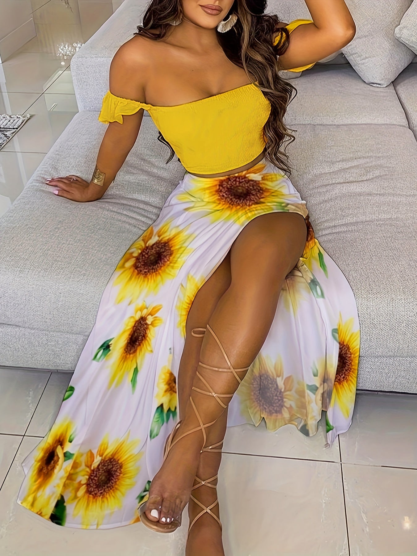 Chic Womens Two-Piece Outfit Set - Off-Shoulder Ruched Top & Sunflower-Print Split Skirt - Perfect for Spring/Summer Vacations