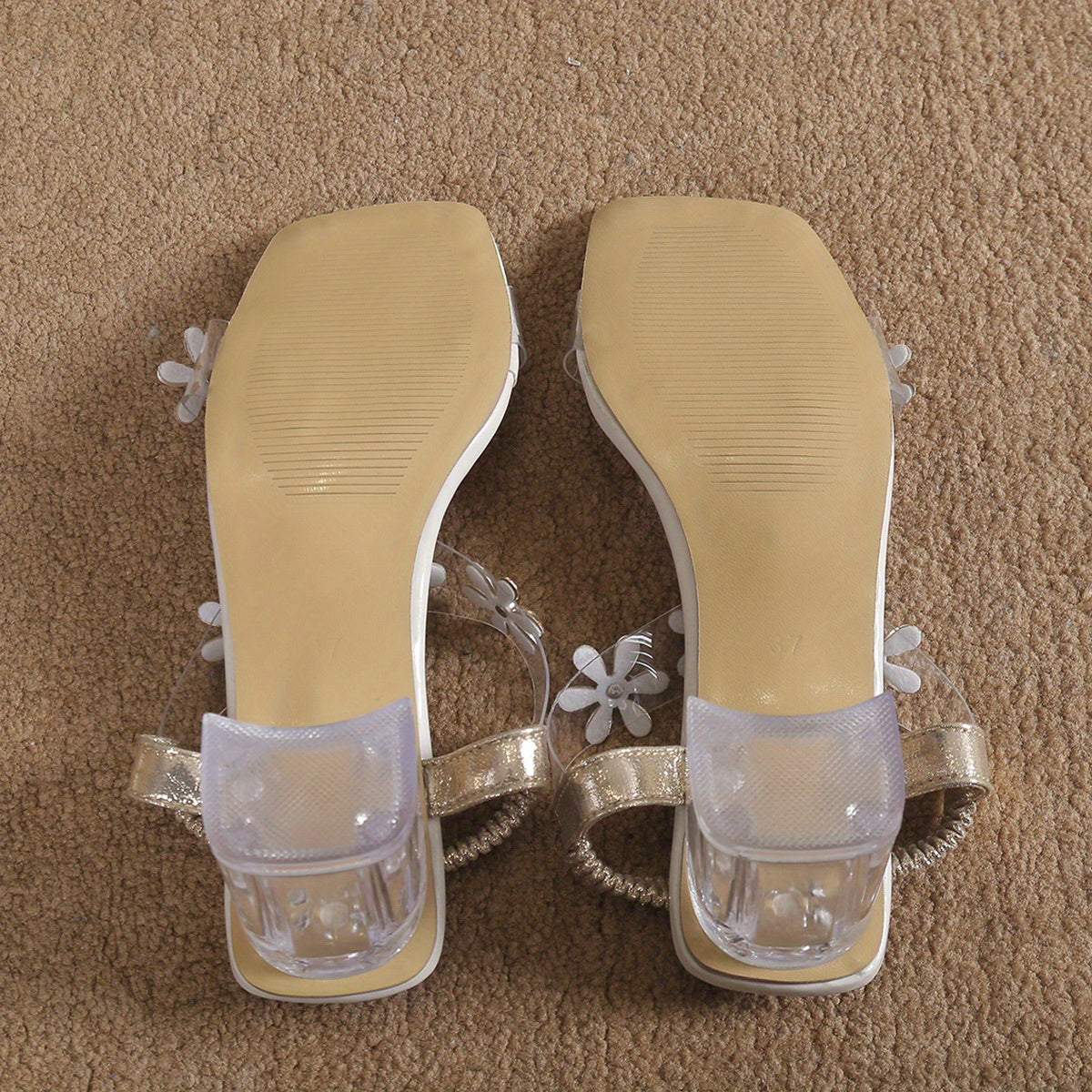 Women's Wide Width High-Heel Sandals with nkle Strap & TPU Platform - Beige/Golden Flower-dorned Toe, White -like Beads - Slip-On Chunky Block Heels for Weddings, Parties, Beach - -Season Dress, High Heels For Women, High Hee