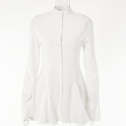 Ruffled Cardigan Crew Neck Long Sleeve Single Breasted Dress