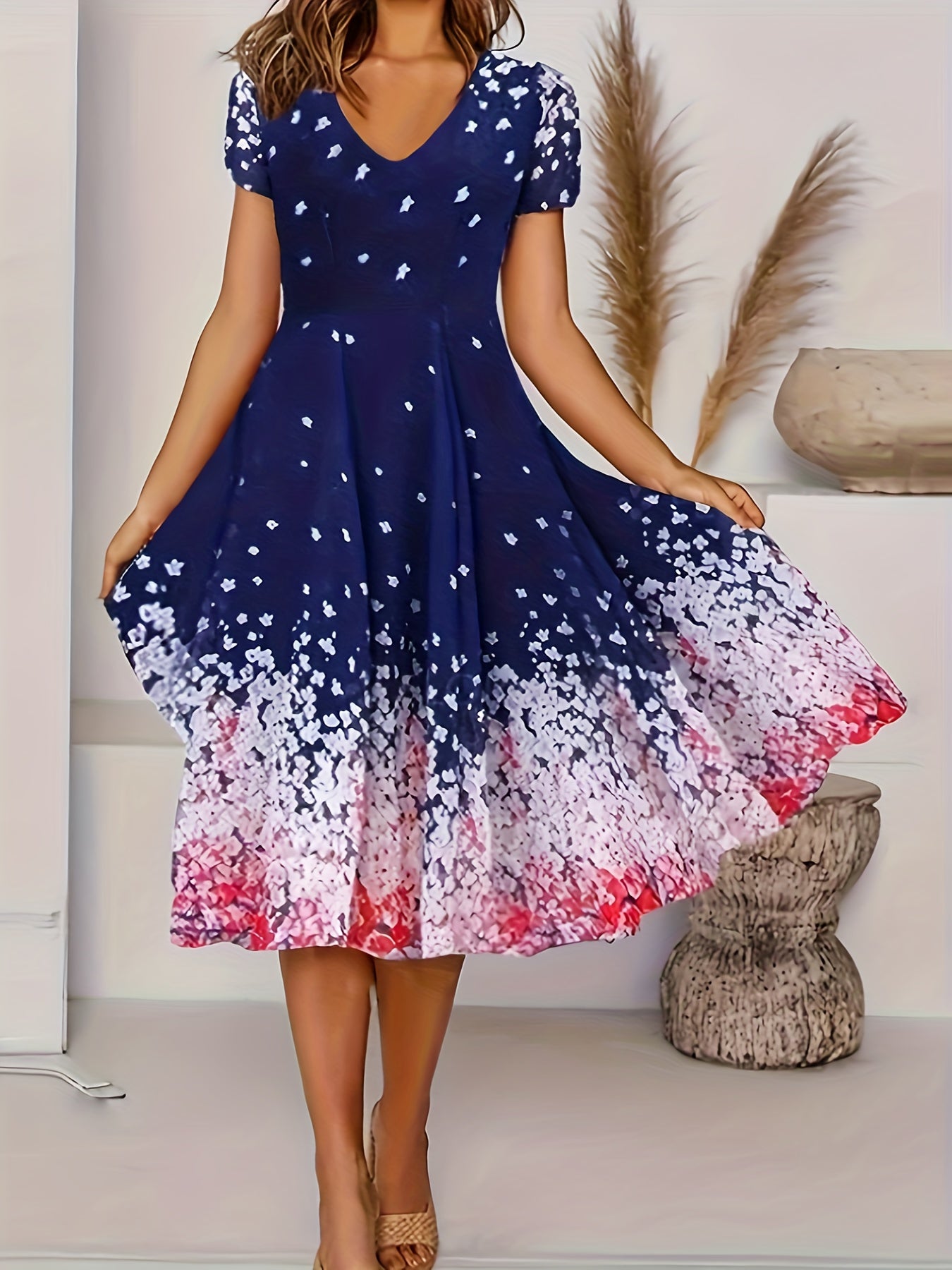 Charming Floral Print V Neck Dress - Flowy & Comfortable Short Sleeve Style - Perfect for Spring & Summer Wardrobe - Womens Casual Clothing