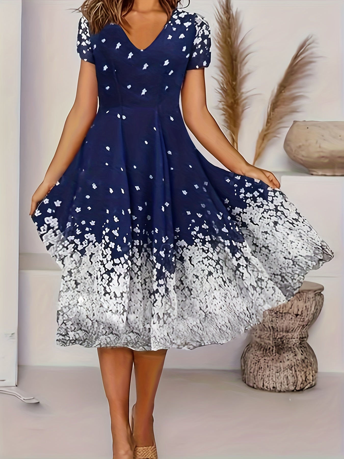 Charming Floral Print V Neck Dress - Flowy & Comfortable Short Sleeve Style - Perfect for Spring & Summer Wardrobe - Womens Casual Clothing