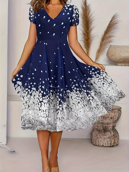 Charming Floral Print V Neck Dress - Flowy & Comfortable Short Sleeve Style - Perfect for Spring & Summer Wardrobe - Womens Casual Clothing