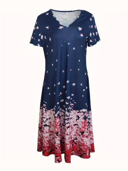 Charming Floral Print V Neck Dress - Flowy & Comfortable Short Sleeve Style - Perfect for Spring & Summer Wardrobe - Womens Casual Clothing