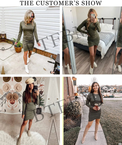 Women Fall Ruched Bodycon Long Sleeve Dress Wrap Front Elegant Casual Basic Fitted Short Dresses, M Wine Red