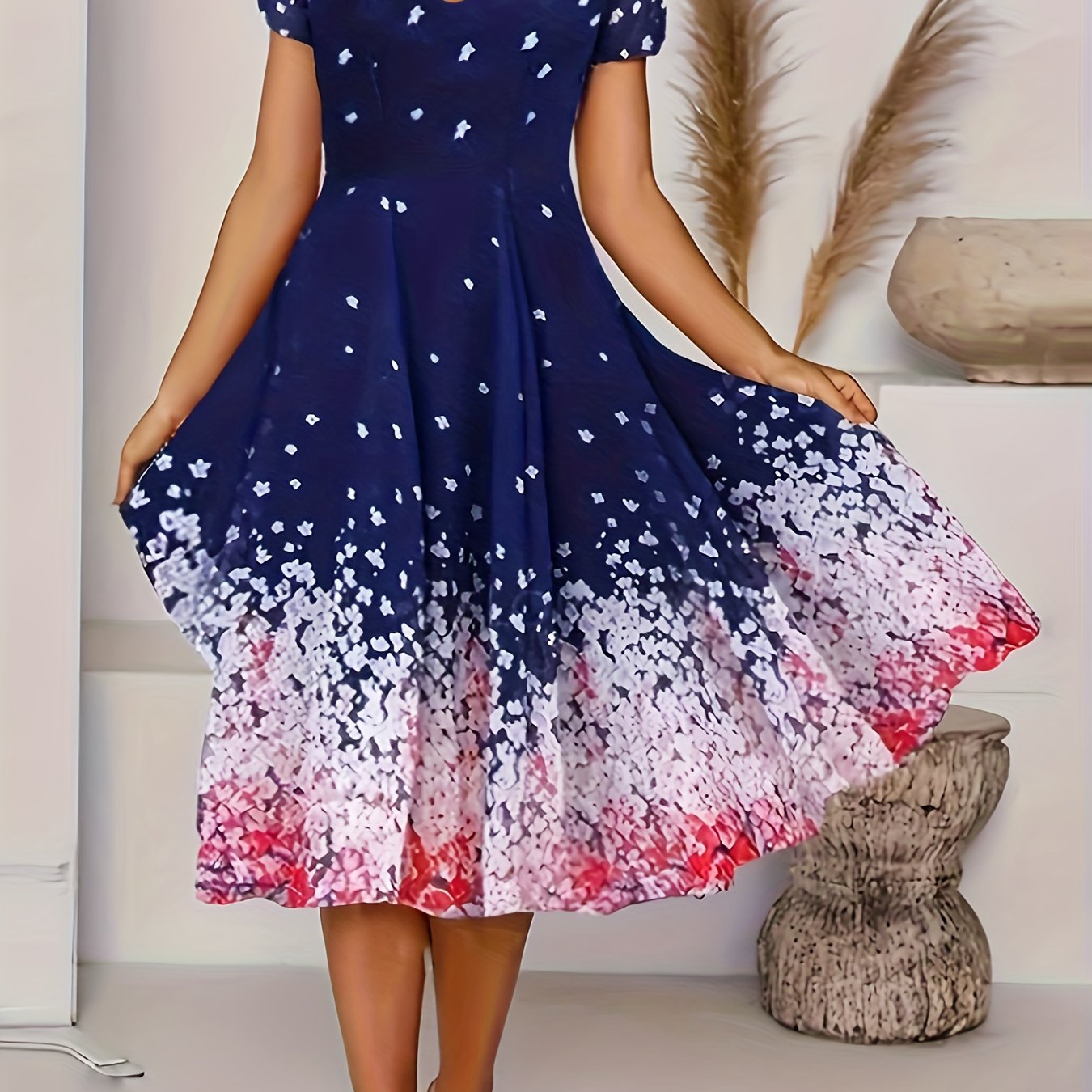 Charming Floral Print V Neck Dress - Flowy & Comfortable Short Sleeve Style - Perfect for Spring & Summer Wardrobe - Womens Casual Clothing