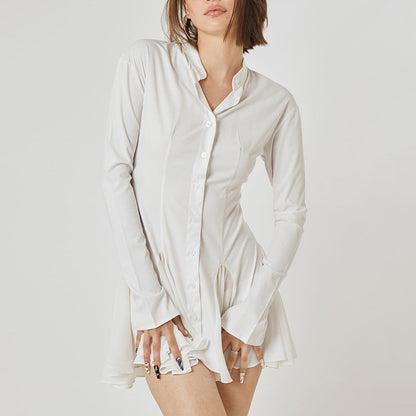 Ruffled Cardigan Crew Neck Long Sleeve Single Breasted Dress