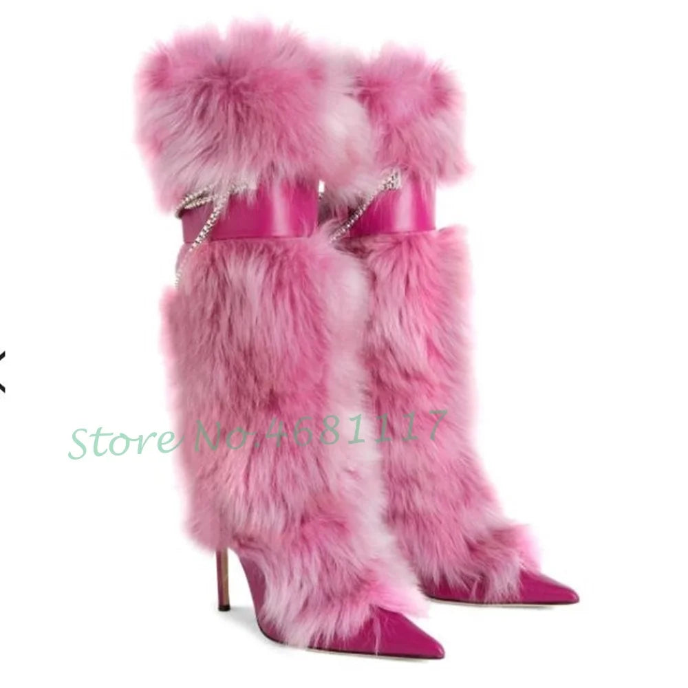 Pink Fur Pointy Knee High Boots Women Trends Luxury Fluff Metal Chain Winding High Heels Boots Winter Female Fashion Snow Boots