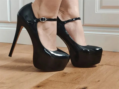Onlymaker Women Mary Jane Platform Pumps Ankle Strap Stiletto Super High Heels Dress Buckle Shoes Large Size Female Heels