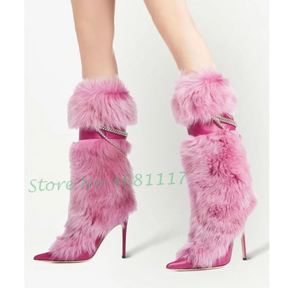 Pink Fur Pointy Knee High Boots Women Trends Luxury Fluff Metal Chain Winding High Heels Boots Winter Female Fashion Snow Boots