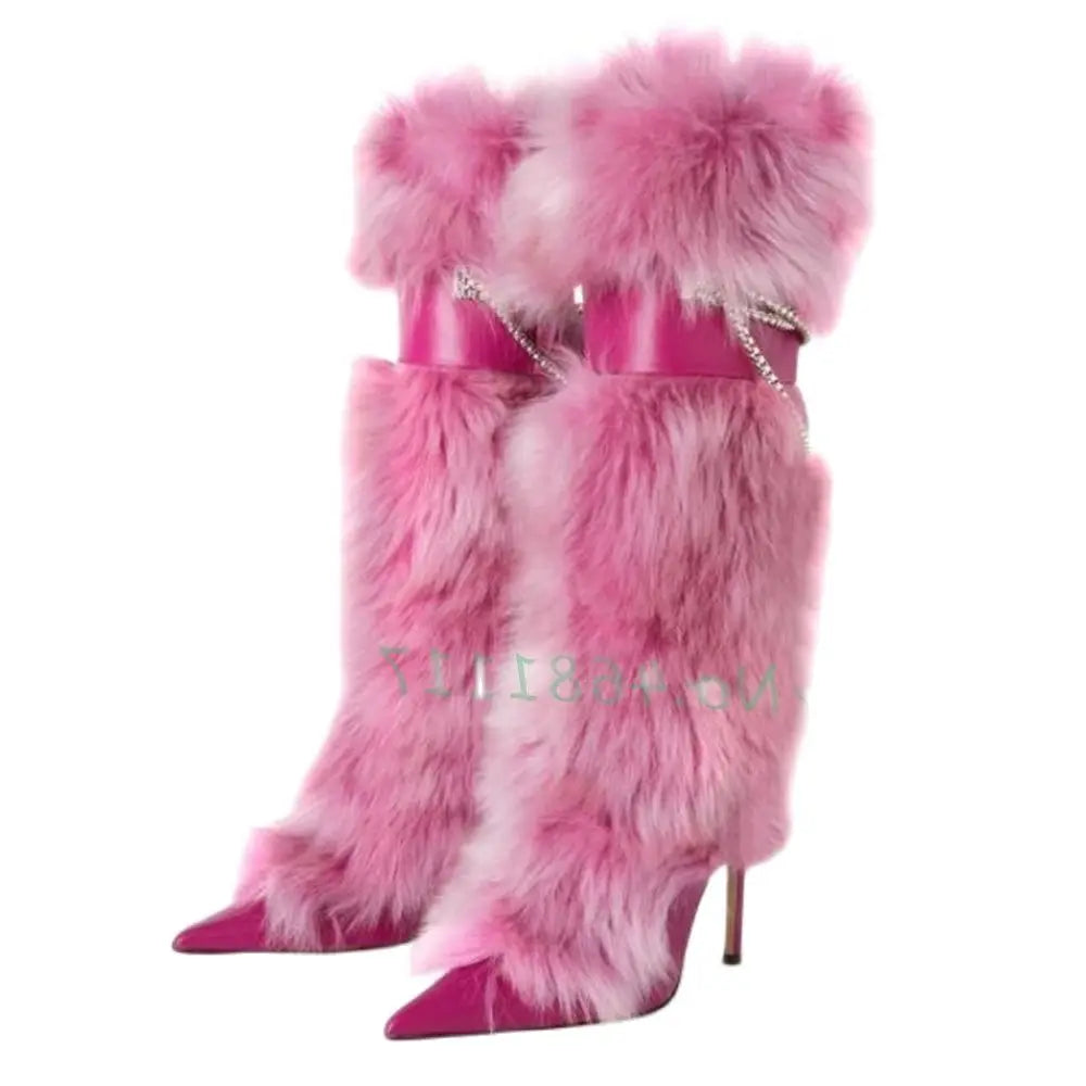 Pink Fur Pointy Knee High Boots Women Trends Luxury Fluff Metal Chain Winding High Heels Boots Winter Female Fashion Snow Boots