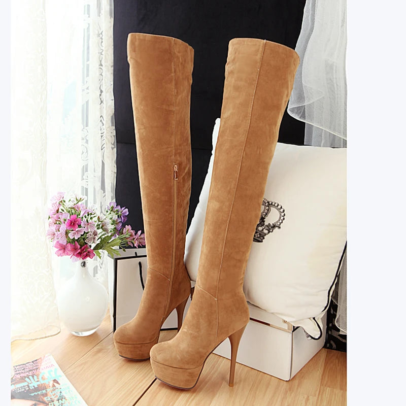 Winter Warm Plush Ultra-High Stiletto Long-Tube Women's Boots High Waterproof Platform Side Zipper Over-The-Knee Boots 2024