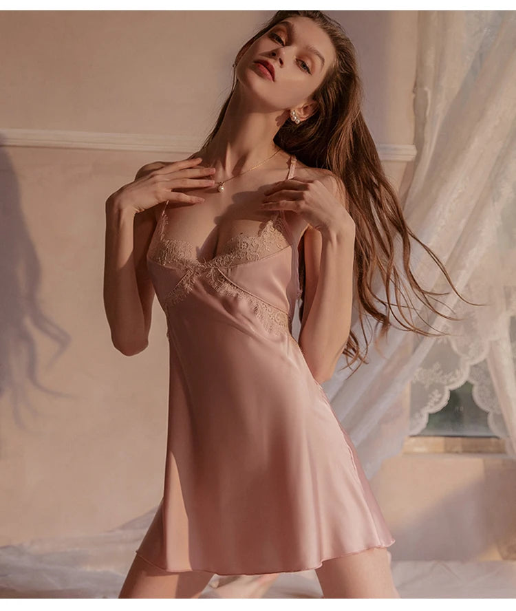 New Ice Silk Hollow Out Nightgown Women Sexy Temptation Lace Night Dress Female Beauty Back Bandage Sleepwear Suspender Homewear