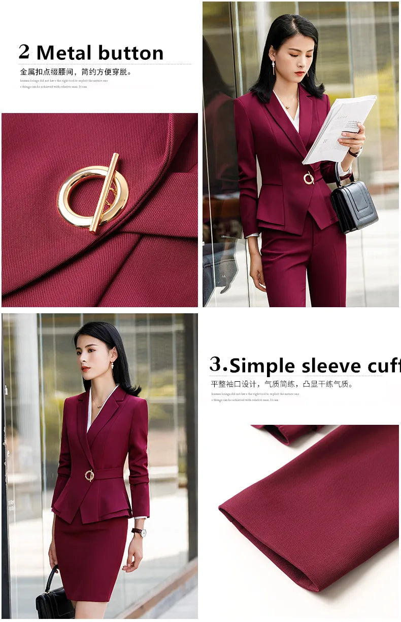 High Quality Winter Suit For Women Pant Sets Formal Long Sleeve Slim Blazer and Trousers Office Ladies Work Wear
