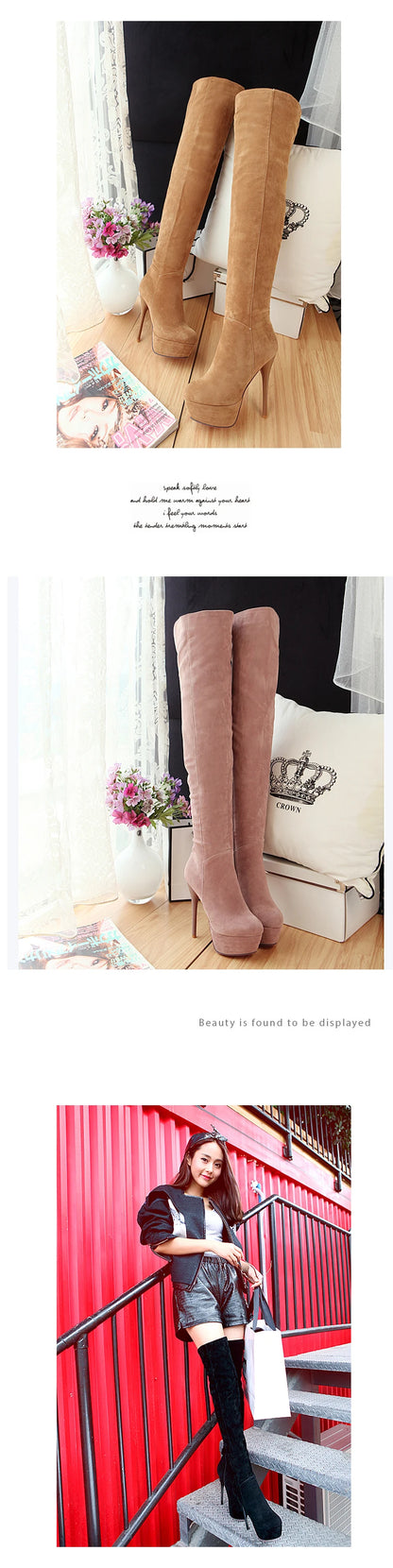 Winter Warm Plush Ultra-High Stiletto Long-Tube Women's Boots High Waterproof Platform Side Zipper Over-The-Knee Boots 2024