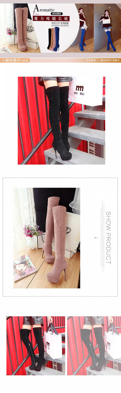 Winter Warm Plush Ultra-High Stiletto Long-Tube Women's Boots High Waterproof Platform Side Zipper Over-The-Knee Boots 2024