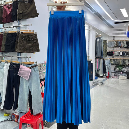 98cm Basics Maxi Pleated Skirt for Women New Korean Casual All-match Solid A Line High Waist Long Maxi Skirt Female