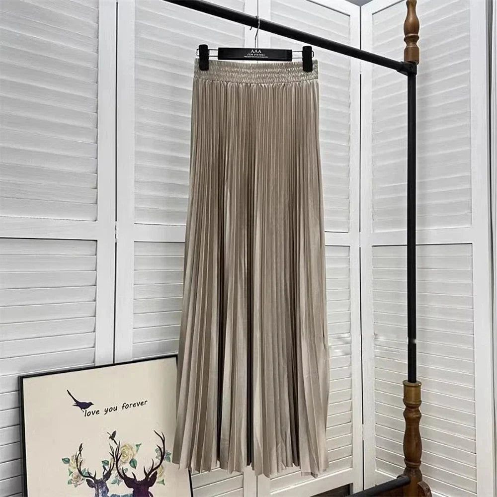 98cm Basics Maxi Pleated Skirt for Women New Korean Casual All-match Solid A Line High Waist Long Maxi Skirt Female