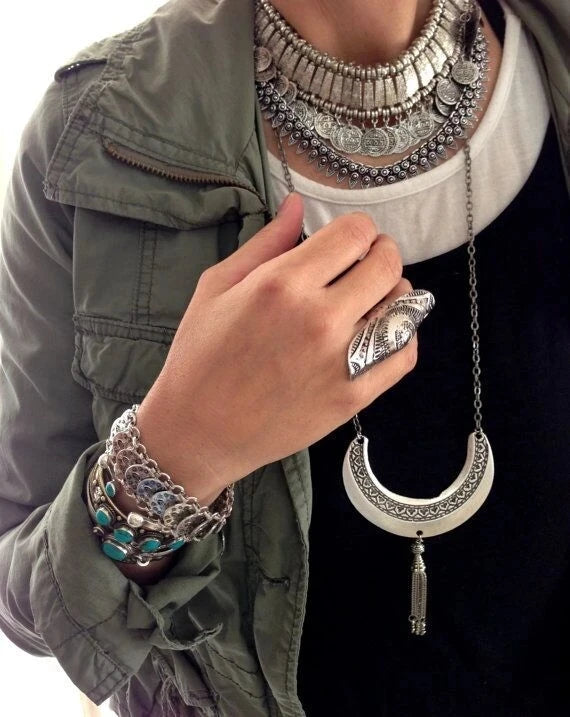 Bohemian Ethnic Ring Retro Style Punk Traditional Personality Carved Shield Joint Ring Statement Jewelry Fresh Accessories