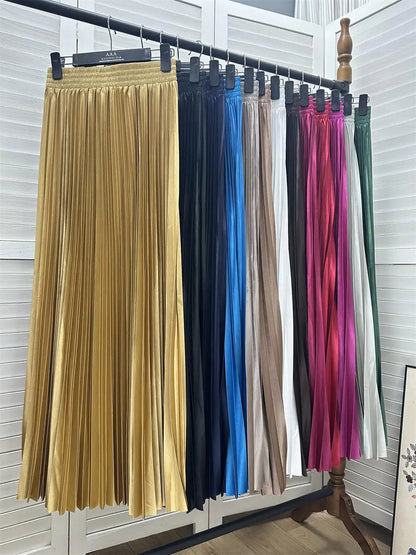 98cm Basics Maxi Pleated Skirt for Women New Korean Casual All-match Solid A Line High Waist Long Maxi Skirt Female