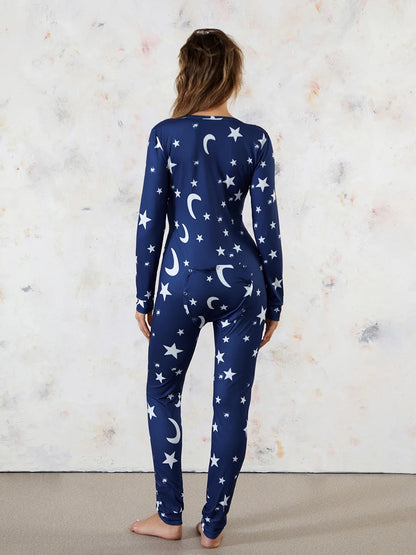 Women's 1Piece Lounge Pajamas Star Print Sexy Butt Button Back Flap Jumpsuit Sleepwear Romper Oversized Homewear