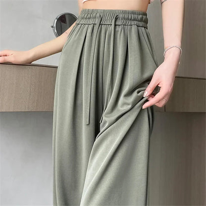 2024 New Summer Women's Casual Pants High Waist Solid Minimalism Loose Floor Length Wide Leg Trousers Female