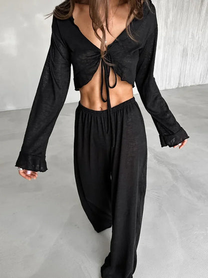 Mozuleva Women's Summer Loose Casual Long Sleeved Pants Set Soft Comfortable Fashion Home Clothes Solid Color Basic Pajamas Set