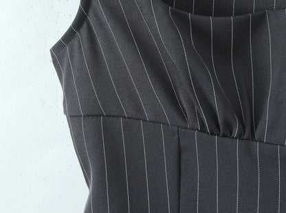 2025 Sexy Striped Square Collar Short Puff Sleeve Shirt Women Front Ruched Chest Double Zip up Front Slim Waist Crop Tops