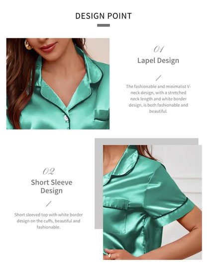 Women's Lapel Neck Sleepshirt Sleepwear Summer Satin Pajamas Set Casual Short Sleeve Buttons Top And Elastic Shorts Lounge Set