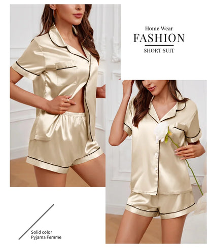 Women's Lapel Neck Sleepshirt Sleepwear Summer Satin Pajamas Set Casual Short Sleeve Buttons Top And Elastic Shorts Lounge Set