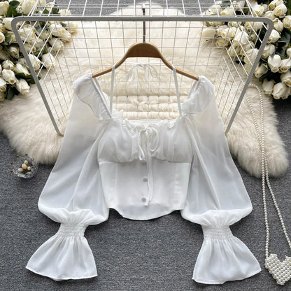 French Chic Halter Blouses Femininas Bow Flare Sleeve Short Tops Dames HighStreet Blusa Mujer Casual Shirts Clothes Dropshipping