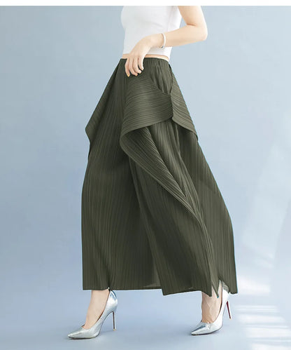 Miyake 2025 New Pleated Pants Irregular Wide-legged Pants Simple Loose Large Size with Elastic Formal Occasions Commuter Women's