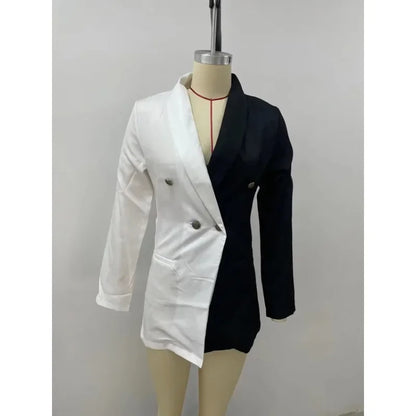 Women Blazer Elegant Office Lady Suit Thin Spring V-neck Female Long Sleeve New Patchwork Slim OL Double Breasted Dress Coat