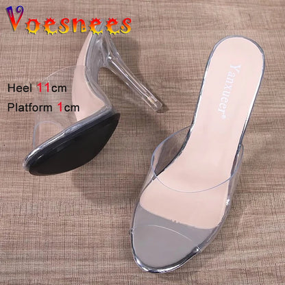 11CM Modern Slippers For Women 2024 Summer New Transparent Sandals Sexy Thin High Heels CRYSTAL Woman Shoes Outside Size 43 Gold